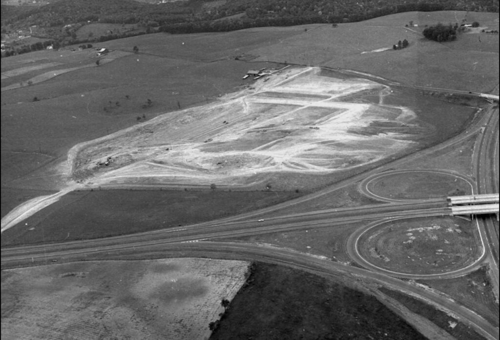 The Harrisonburg Interstate 81 cloverleaf exit is prominent in the aerial view of the future Space Conditioning site.
